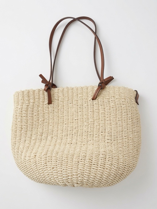 Mango Handbags - Mango Woven Straw Raffia Tote Bag Cream Leather Handles Summer Beach Bag